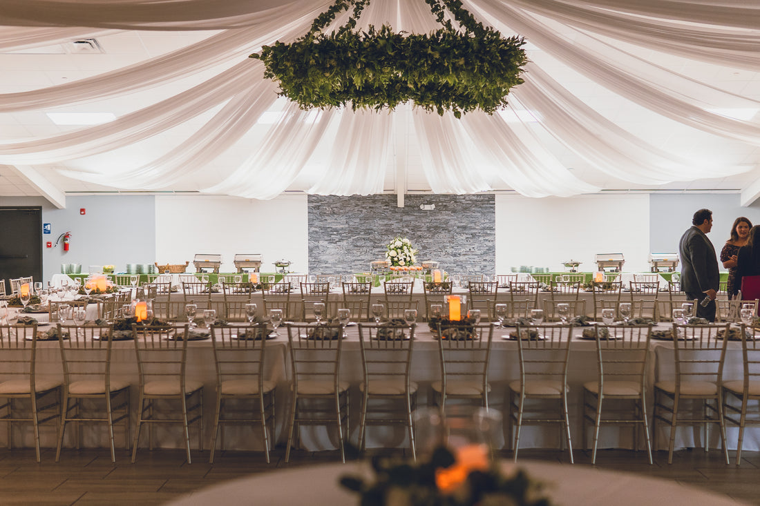 Wedding reception room prepared for guests
